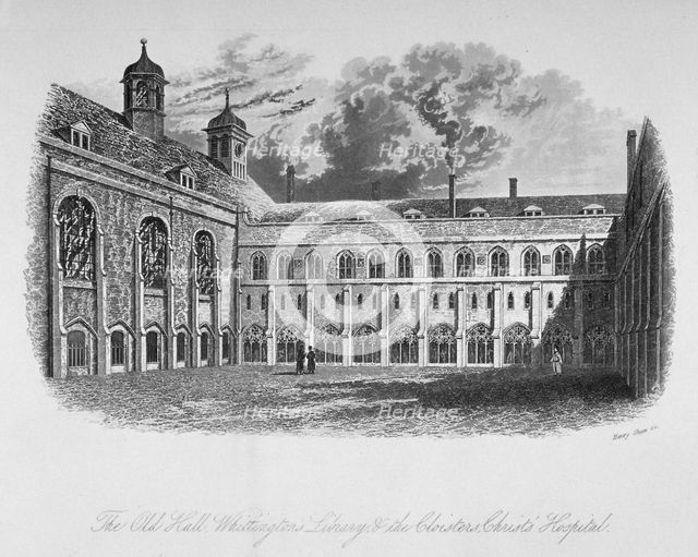 The Old Hall, Whittington's Library and the cloisters, Christ's Hospital, City of London, 1825. Artist: Henry Shaw