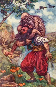 The old man nimbly threw his legs over my neck, at the same time squeezing my throat c1930. Creator: Frank C. Pape