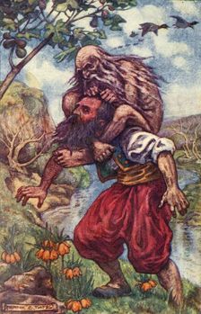 The old man nimbly threw his legs over my neck, at the same time squeezing my throat c1930. Creator: Frank C. Pape