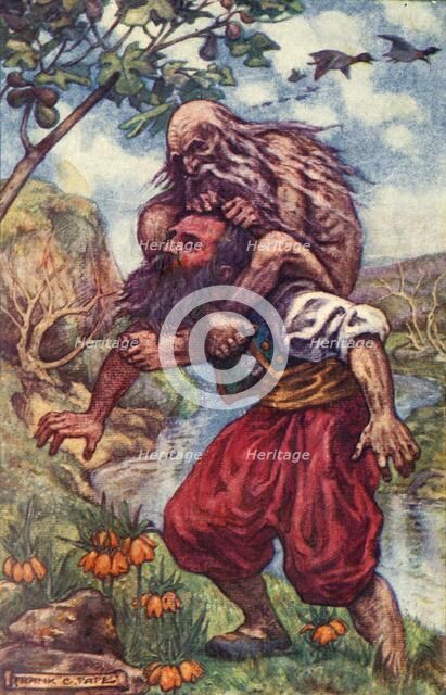 'The old man nimbly threw his legs over my neck, at the same time squeezing my throat', c1930. Creator: Frank C. Pape.