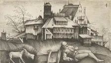 The old shepherd lying in a landscape, buildings behind, a goat and a sheep to th..., ca. 1500-1515. Creator: Giulio Campagnola