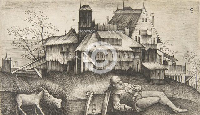 The old shepherd lying in a landscape, buildings behind, a goat and a sheep to th..., ca. 1500-1515. Creator: Giulio Campagnola.