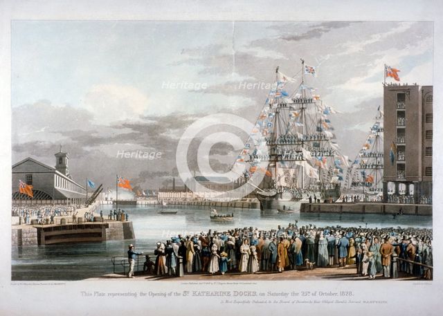 The opening of St Katharine's Dock, London, 1828. Artist: E Duncan