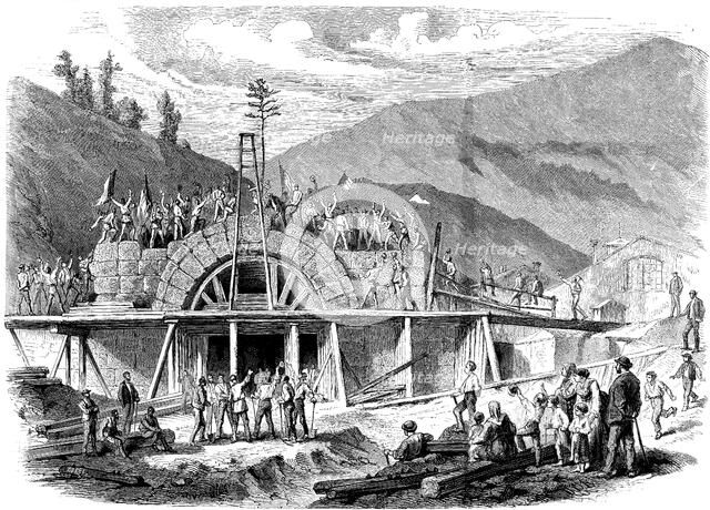 The opening of the Alps, placing the last stone in the Mont - Genís entrance tunnel between Franc…