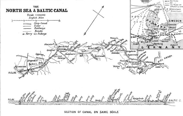 The Opening of the Baltic Canal: map and section of the canal, 1895. Creator: George Philip & Son Ltd.
