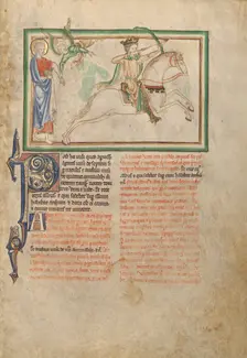 The Opening of the First Seal: The First Horseman; Dyson Perrins Apocalypse, about 1255-1260. Creator: Unknown