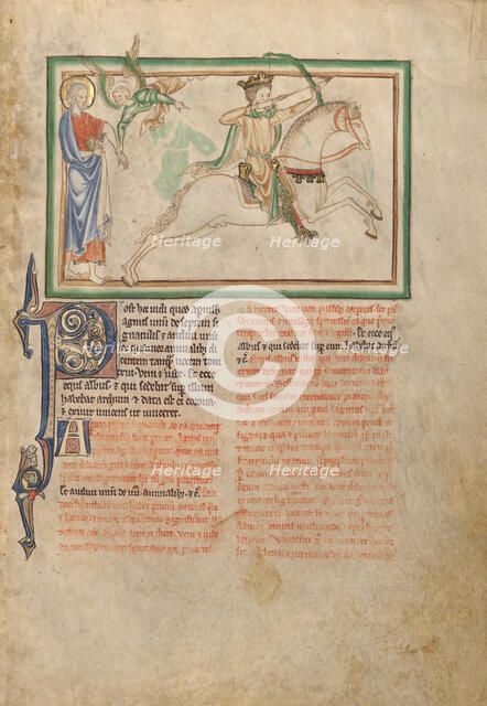 The Opening of the First Seal: The First Horseman; Dyson Perrins Apocalypse, about 1255-1260. Creator: Unknown.