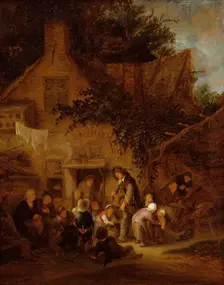 The Organ-Grinder Outside a Cottage, 1640. Creator: Adriaen van Ostade
