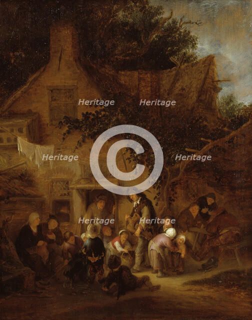 The Organ-Grinder Outside a Cottage, 1640. Creator: Adriaen van Ostade.