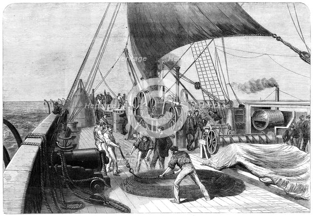 The Atlantic Telegraph Expedition: preparing for the final attempt to grapple the lost cable, 1865. Creator: Unknown.