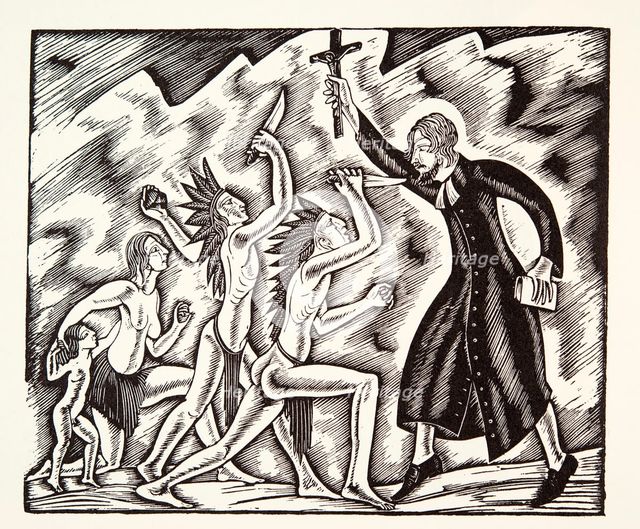 The Attack,  from The Travels and Sufferings of Father Jean de Brebeuf, 1938, (wood engraving).