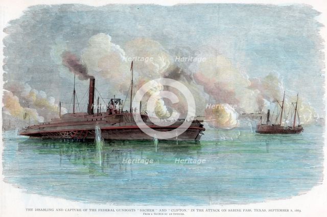 The attack on Sabine Pass, Texas, American Civil War, 8 September 1863. Artist: Unknown