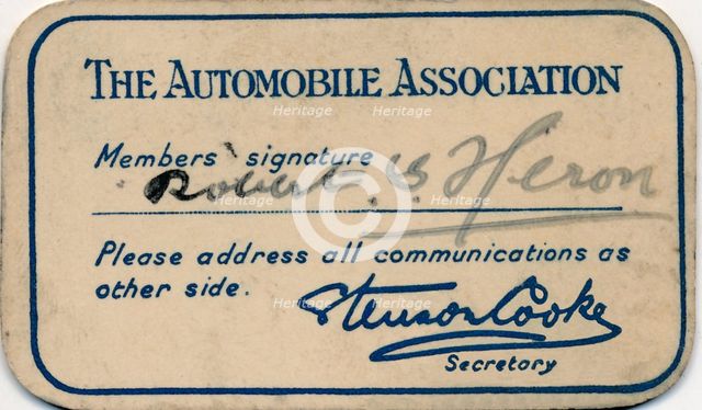 'The Automobile Association: Membership card', 1936. Artist: Unknown.