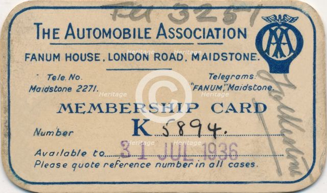 'The Automobile Association: Membership card', 1936. Artist: Unknown.