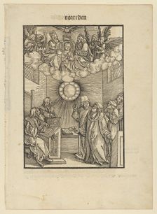 The Author Writing the Layenspiegel; The Trinity and the Virgin at the Upper Center, from ..., 1511. Creator: Hans Schäufelein the Elder