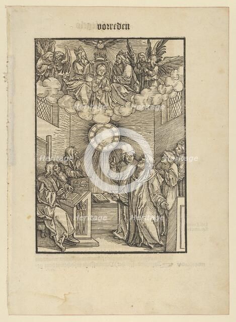 The Author Writing the Layenspiegel; The Trinity and the Virgin at the Upper Center, from ..., 1511. Creator: Hans Schäufelein the Elder.