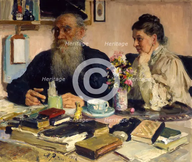 'The author Leo Tolstoy with his wife in Yasnaya Polyana', 1907.  Artist: Il'ya Repin