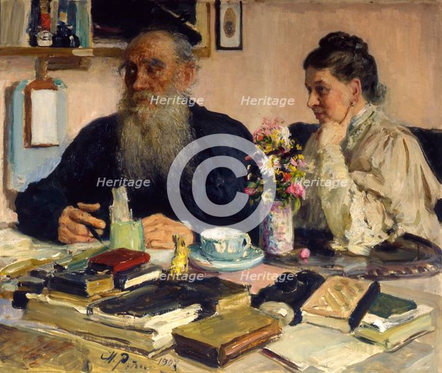 'The author Leo Tolstoy with his wife in Yasnaya Polyana', 1907.  Artist: Il'ya Repin