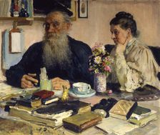 The author Leo Tolstoy with his wife in Yasnaya Polyana 1907. Artist: Il'ya Repin
