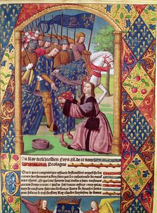 The author presents the book Ogier le Danois to the king of France, Louis XII, miniature in the…