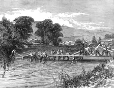 The Autumn Campaign: laying a trestle bridge over the River Stour, Durweston, near Blandford, 1872. Creator: Unknown