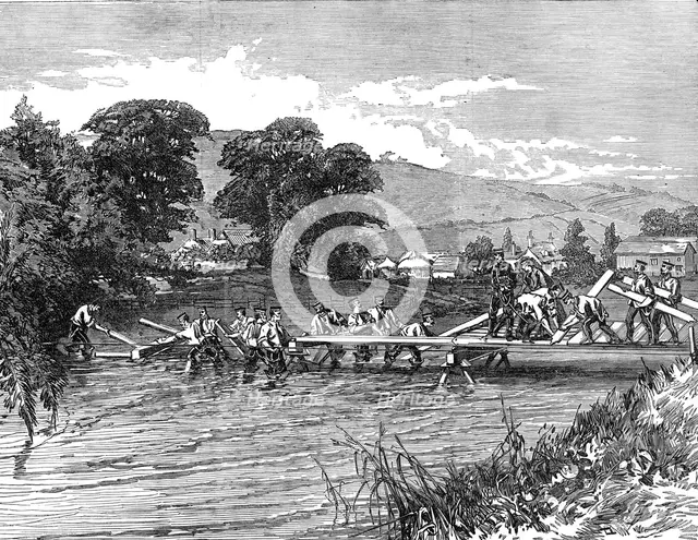 The Autumn Campaign: laying a trestle bridge over the River Stour, Durweston, near Blandford, 1872. Creator: Unknown.