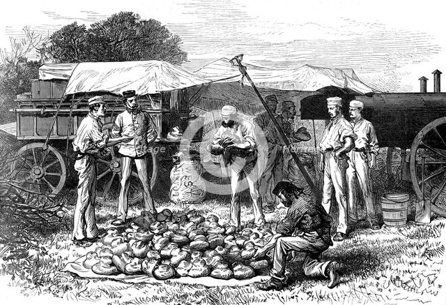 The Autumn Campaign: steam bakery - drawing a batch of loaves, 1872. Creator: Unknown.