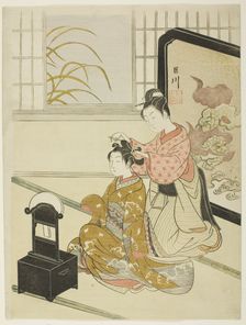 The Autumn Moon in the Mirror (Kyodai no shugetsu), from the series "Eight Views...c. 1766. Creator: Suzuki Harunobu