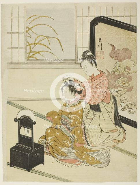 The Autumn Moon in the Mirror (Kyodai no shugetsu), from the series "Eight Views...c. 1766. Creator: Suzuki Harunobu.