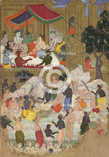 The Awakening of Kumbhakarna in the Golden City of Lanka, Folio from a Ramayana, ca. 1605. Creator: Unknown.