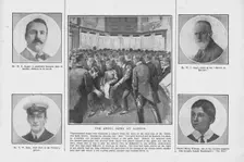 The Awful News at Lloyd's with portraits of some of those on board the Titanic April 20, 1912. Creator: Unknown