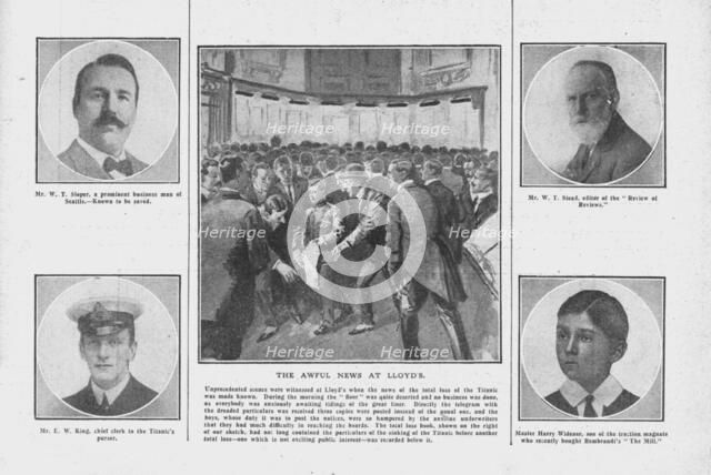 'The Awful News at Lloyd's', with portraits of some of those on board the 'Titanic', April 20, 1912. Creator: Unknown.
