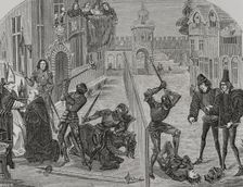 The Abbot of Saint-Denis, kneeling before the Bishop of Paris...15th century (1877). Creator: Unknown