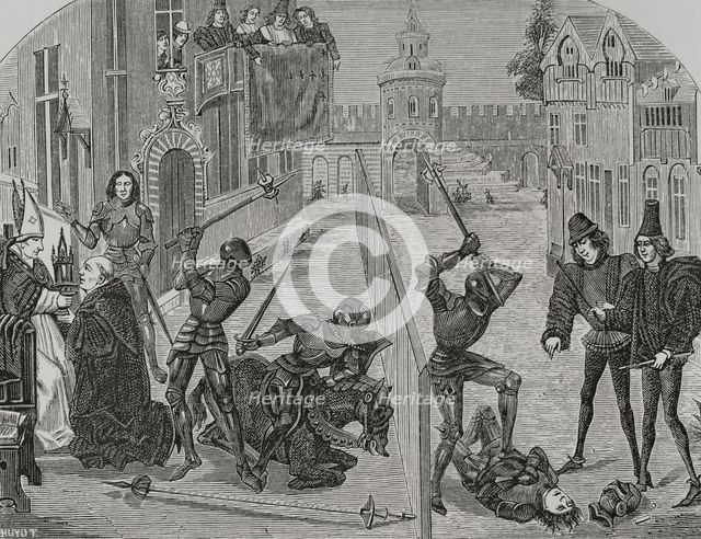 The Abbot of Saint-Denis, kneeling before the Bishop of Paris...15th century (1877).  Creator: Unknown.