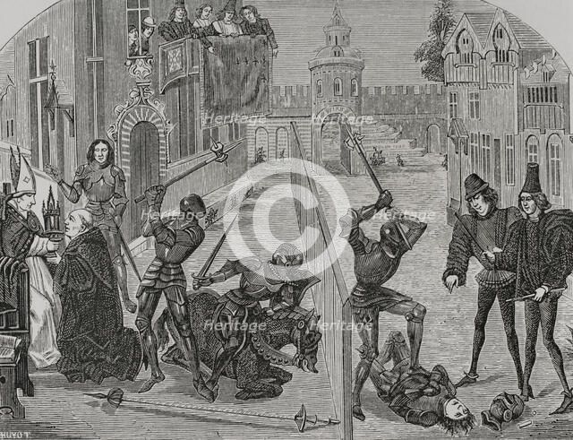 The Abbot of Saint-Denis, kneeling before the Bishop of Paris...15th century (1877).  Creator: Unknown.