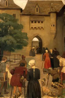 The Abbaye of Saint Antoine, the Sologne, France. Pilgrims suffering from ergotism..., c1912. Creator: Ernest Board