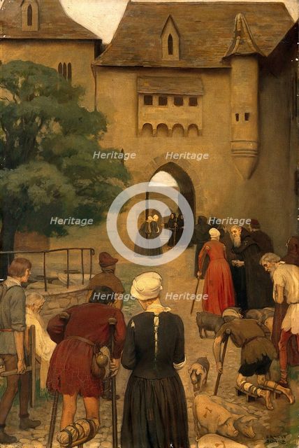 The Abbaye of Saint Antoine, the Sologne, France. Pilgrims suffering from ergotism..., c1912. Creator: Ernest Board.