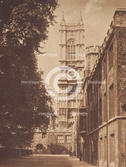 The Abbey Tower from Deans Yard. From the album: Photograph album - London, 1920s. Creator: Harry Moult.