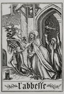 The Abbess visited by Death from "The Dance of Death", 1538, (1877). Creator: Unknown