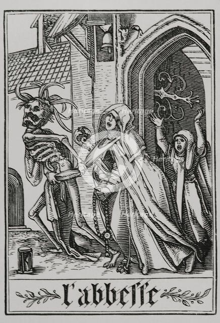 The Abbess visited by Death from "The Dance of Death", 1538, (1877). Creator: Unknown.