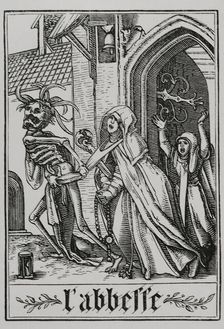 The Abbess visited by Death from "The Dance of Death", 1538, (1877). Creator: Unknown