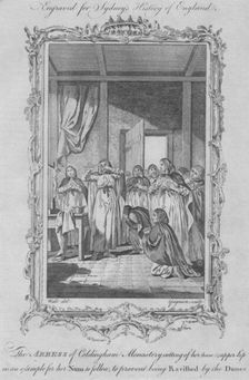 The Abbess of Coldingham Monastery self-mutilating to avoid rape by Viking invaders 1773. Creator: Charles Grignion