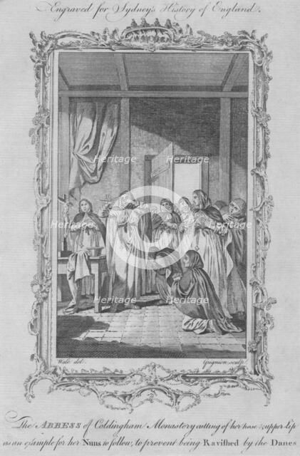The Abbess of Coldingham Monastery self-mutilating  to avoid rape by Viking invaders', 1773. Creator: Charles Grignion.