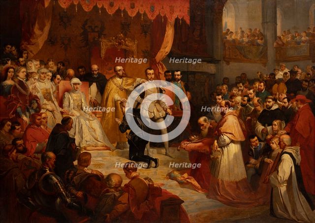 The abdication of Emperor Charles V in favor of his son Philip II At Brussels, 25 October 1555, 1842 Creator: Louis Gallait.