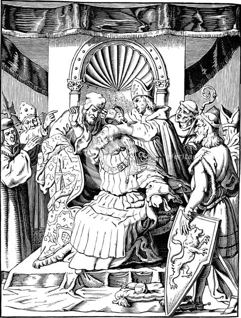 The abdication of Emperor Henry IV in Ingelheim (Illustration from the Geschichte des deutschen Volkes by E. Duller), 1840. Artist: Kirchhoff, Johann Jakob (1796-1848)