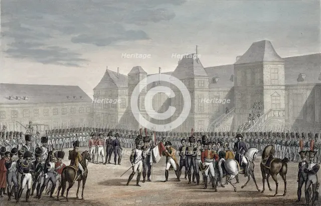 The abdication of Napoleon and his departure from Fontainebleau for Elba, 20th April 1814. Creator: Francois Pigeot.