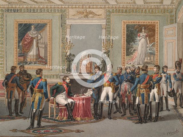 The Abdication of Napoleon at Fontainebleau, 1815. Artist: Vernet, Jules (1792-1843)