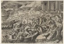 The abduction of Helen; battle scene on a shore with two men pulling Helen into a b..., ca. 1520-27. Creator: Marcantonio Raimondi
