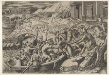 The abduction of Helen; battle scene on a shore with two men pulling Helen into a b..., ca. 1520-27. Creator: Marcantonio Raimondi