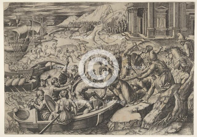 The abduction of Helen; battle scene on a shore with two men pulling Helen into a b..., ca. 1520-27. Creator: Marcantonio Raimondi.